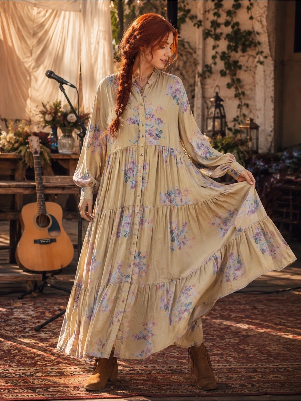 byTiMo Romantic Floral Maxi Dress Boho Cottagecore Prairie Style XL